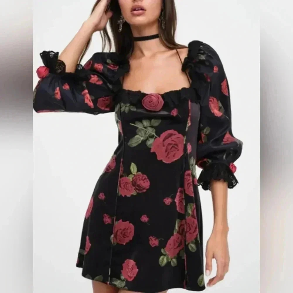 For Love and Lemons Yara Mini Dress Floral Roses Whimsy Goth Black Red XS